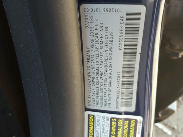 WVWTH63B04P252897 - 2004 VOLKSWAGEN PASSAT GLX BLUE photo 10