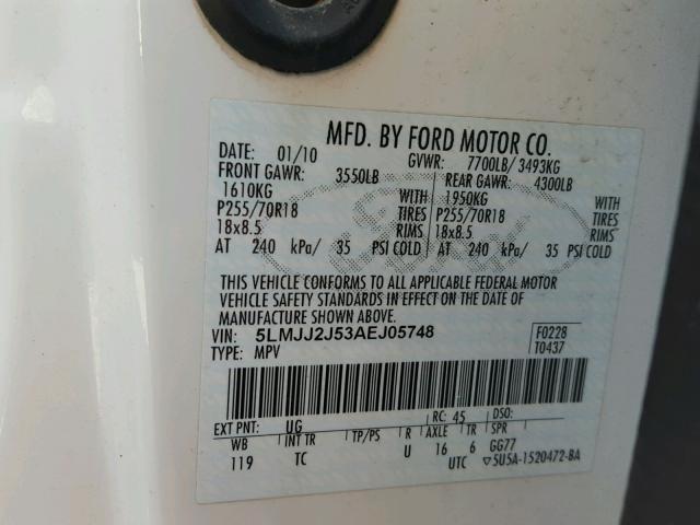 5LMJJ2J53AEJ05748 - 2010 LINCOLN NAVIGATOR 白色 照片 10