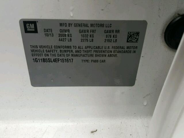 1G11B5SL4EF151617 - 2014 CHEVROLET MALIBU LS თეთრი ფოტო 10