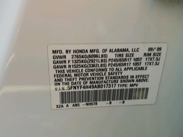 5FNYF4H49AB017317 - 2010 HONDA PILOT EX WHITE photo 10