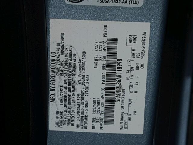 3FADP0L36AR118998 - 2010 FORD FUSION HYB BLUE photo 10