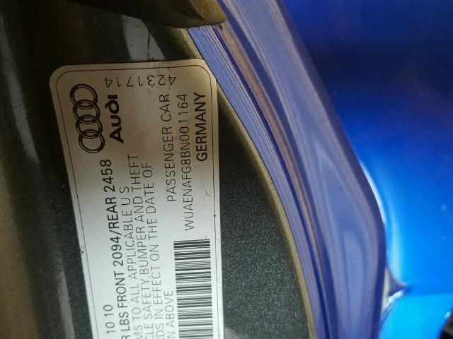 WUAENAFG8BN001164 - 2011 AUDI R8 5.2 QUA BLUE photo 10