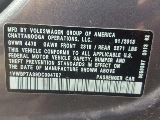 1VWBP7A39DC094757 - 2013 VOLKSWAGEN PASSAT SE GRAY photo 10