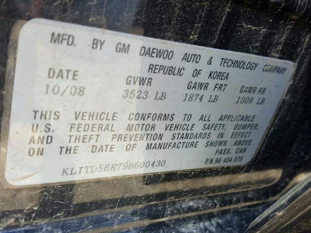 KL1TD56E79B600430 - 2009 CHEVROLET AVEO LS BLACK photo 10