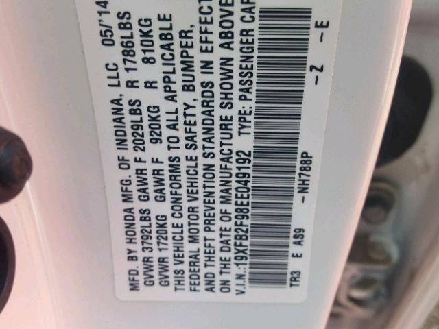 19XFB2F98EE049192 - 2014 HONDA CIVIC EXL WHITE photo 10