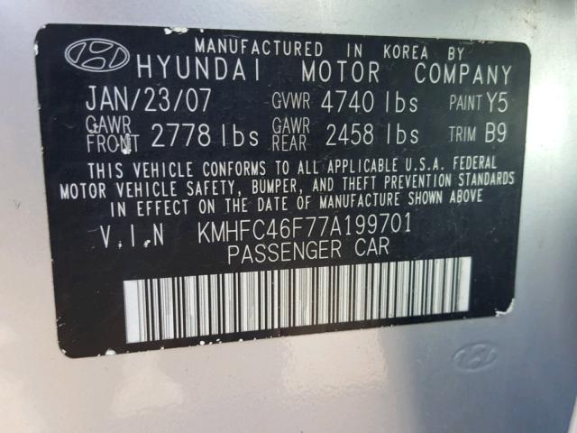 KMHFC46F77A199701 - 2007 HYUNDAI AZERA SE SILVER photo 10