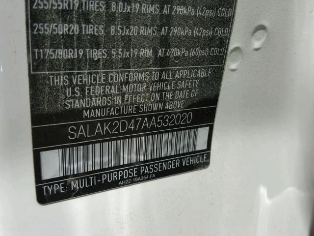 SALAK2D47AA532020 - 2010 LAND ROVER LR4 HSE LU WHITE photo 10