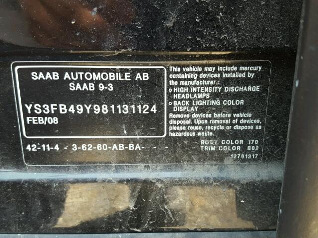 YS3FB49Y981131124 - 2008 SAAB 9-3 2.0T BLACK photo 10