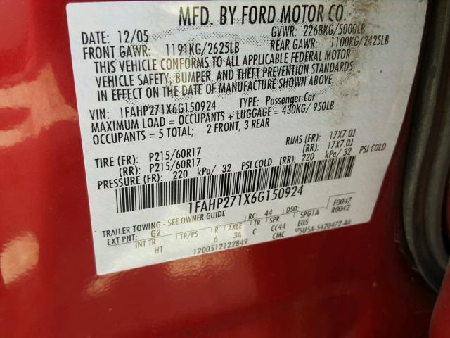 1FAHP271X6G150924 - 2006 FORD FIVE HUNDR RED photo 10