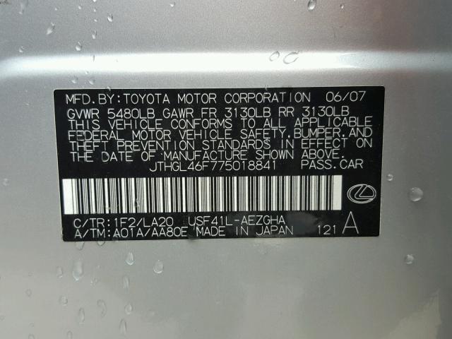 JTHGL46F775018841 - 2007 LEXUS LS 460L SILVER photo 10