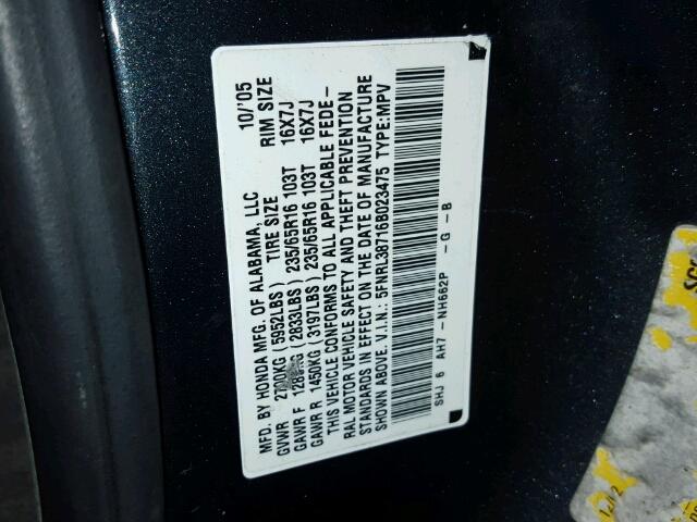 5FNRL38716B023475 - 2006 HONDA ODYSSEY CHARCOAL photo 10