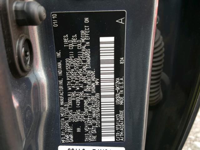 5TDYY5G16AS027399 - 2010 TOYOTA SEQUOIA PL GRAY photo 10