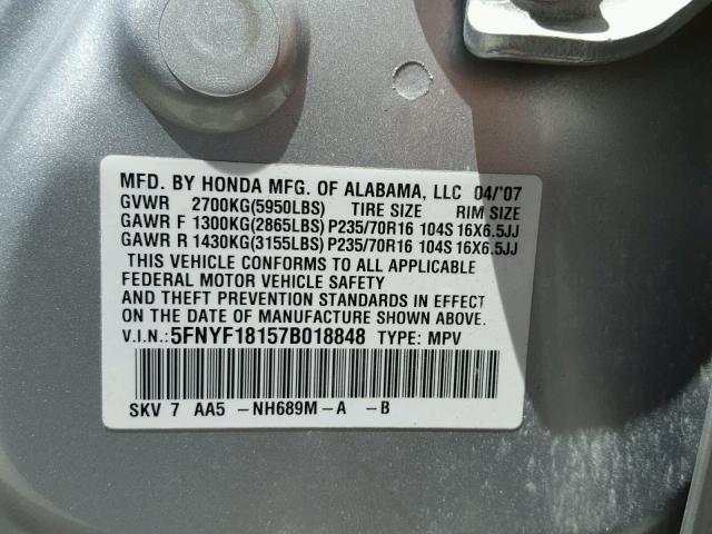 5FNYF18157B018848 - 2007 HONDA PILOT LX SILVER photo 10