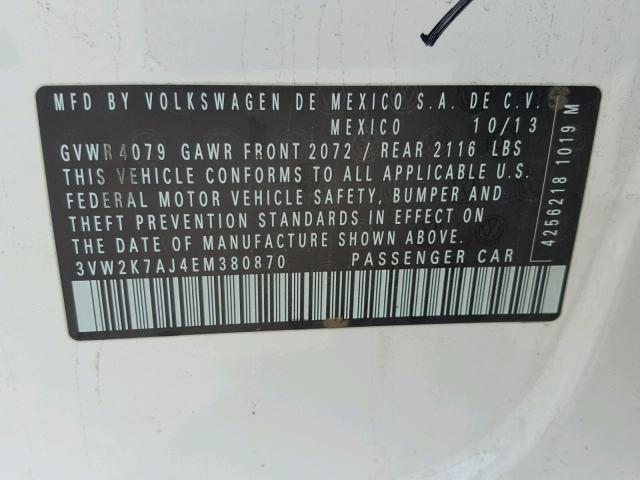3VW2K7AJ4EM380870 - 2014 VOLKSWAGEN JETTA BASE 白色 照片 10
