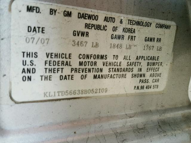 KL1TD56638B052109 - 2008 CHEVROLET AVEO BASE Күміс фото 10