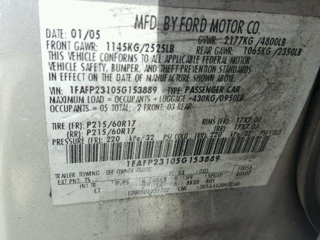 1FAFP23105G153889 - 2005 FORD FIVE HUNDR SILVER photo 10