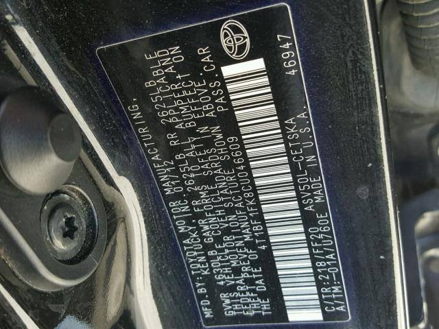 4T1BF1FK8CU046609 - 2012 TOYOTA CAMRY BASE BLACK photo 10