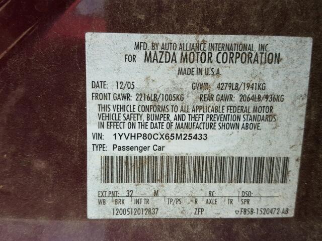 1YVHP80CX65M25433 - 2006 MAZDA 6 I Bordo fotoğraf 10