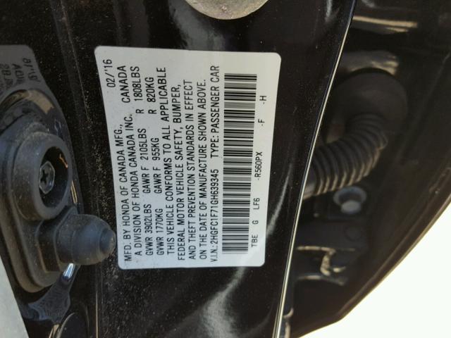 2HGFC1F71GH639345 - 2016 HONDA CIVIC EXL 黑色 照片 10