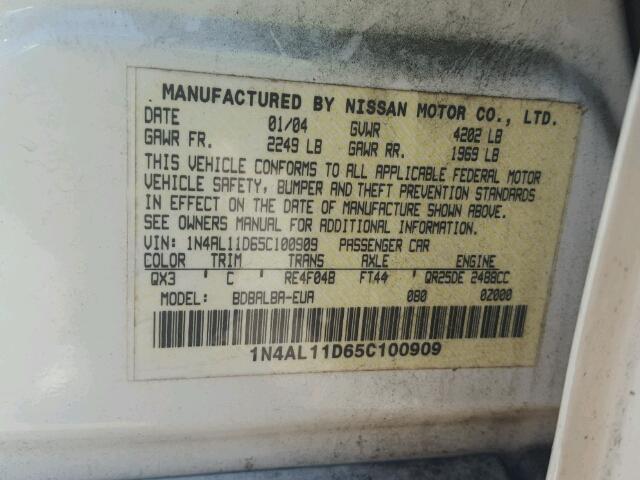 1N4AL11D65C100909 - 2005 NISSAN ALTIMA S/S WHITE photo 10