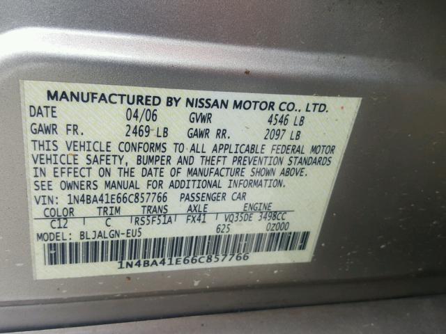 1N4BA41E66C857766 - 2006 NISSAN MAXIMA SE BEIGE photo 10