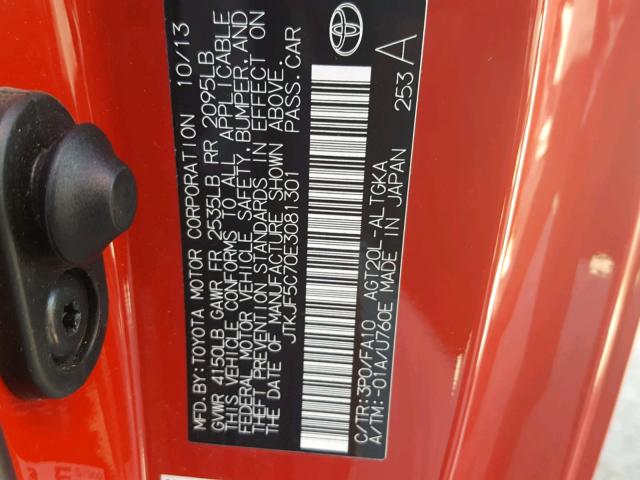 JTKJF5C70E3081301 - 2014 TOYOTA SCION TC 红色 照片 10