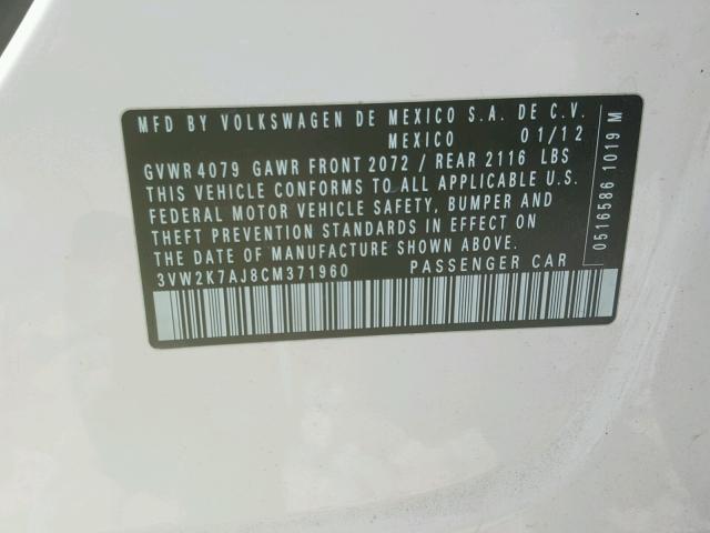 3VW2K7AJ8CM371960 - 2012 VOLKSWAGEN JETTA BASE 白色 照片 10