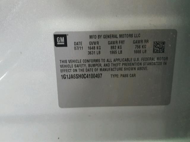 1G1JA6SH0C4100497 - 2012 CHEVROLET SONIC LS SILVER photo 10