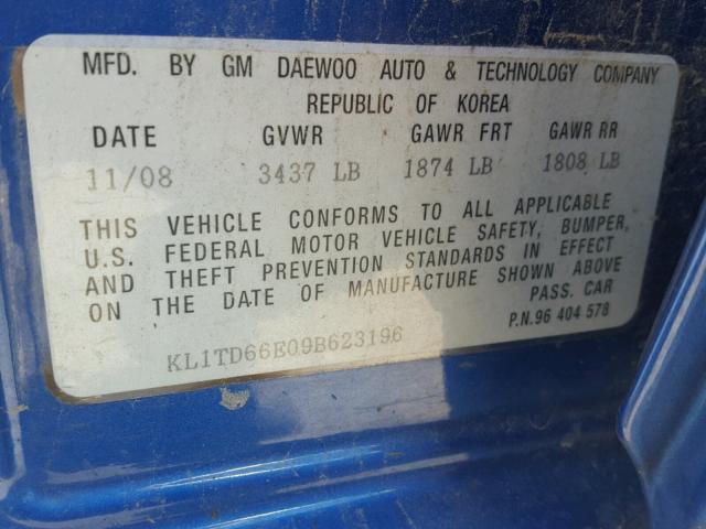 KL1TD66E09B623196 - 2009 CHEVROLET AVEO LS BLUE photo 10