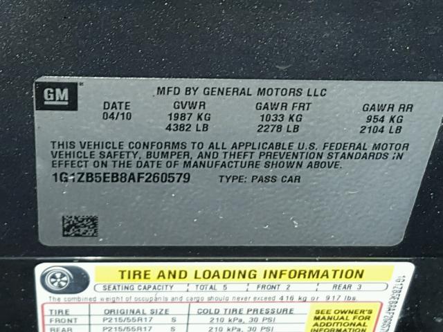 1G1ZB5EB8AF260579 - 2010 CHEVROLET MALIBU LS ნაცრისფერი ფოტო 10