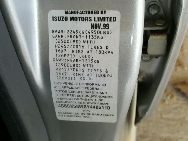 4S6CK58W8Y4405110 - 2000 HONDA PASSPORT E 银色 照片 10