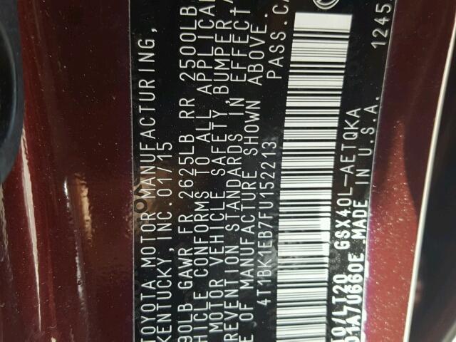 4T1BK1EB7FU152213 - 2015 TOYOTA AVALON XLE BURGUNDY photo 10