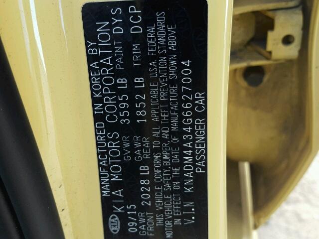 KNADM4A34G6627004 - 2016 KIA RIO YELLOW photo 10