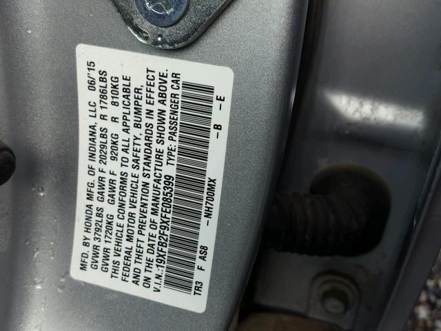 19XFB2F9XFE085399 - 2015 HONDA CIVIC EXL 银色 照片 10