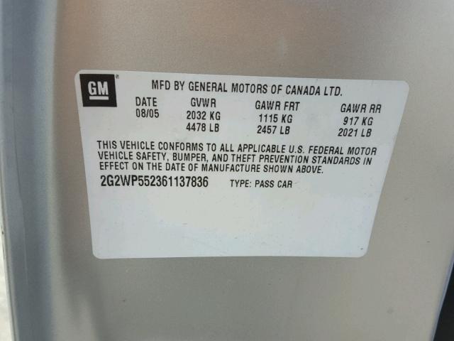 2G2WP552361137836 - 2006 PONTIAC GRAND PRIX SILVER photo 10