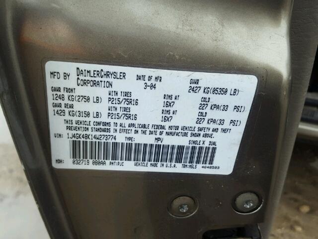 1J4GK48K14W273774 - 2004 JEEP LIBERTY SP TAN photo 10