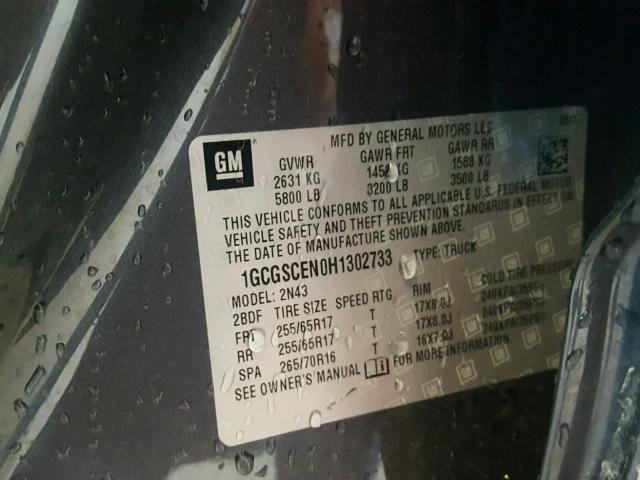 1GCGSCEN0H1302733 - 2017 CHEVROLET COLORADO L GRAY photo 10