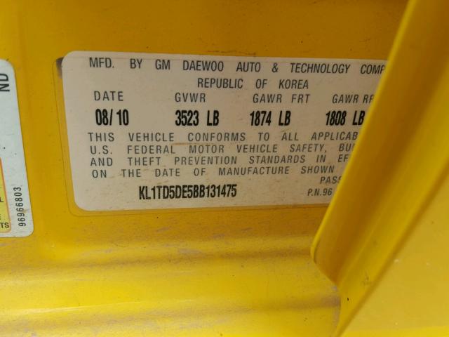 KL1TD5DE5BB131475 - 2011 CHEVROLET AVEO LS YELLOW photo 10