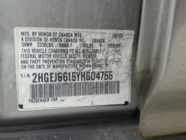 2HGEJ6615YH604755 - 2000 HONDA CIVIC BASE Gümüş foto 10