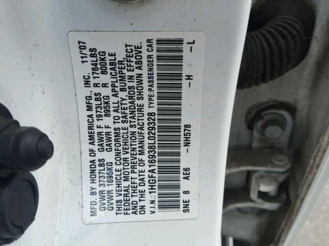 1HGFA16938L029328 - 2008 HONDA CIVIC EXL 白色 照片 10