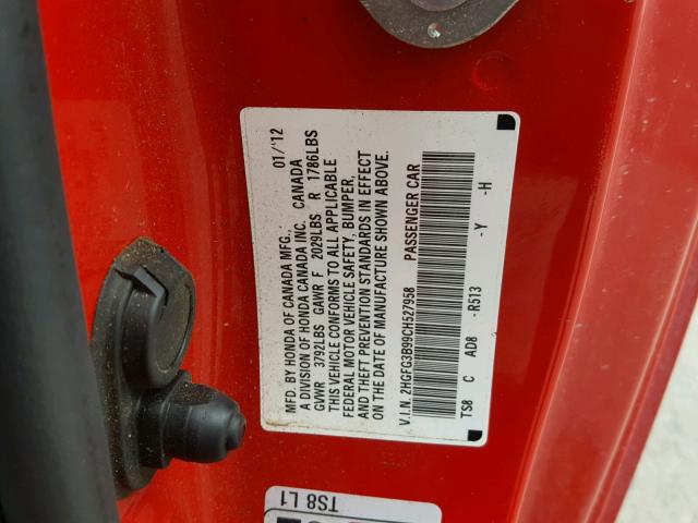2HGFG3B99CH527958 - 2012 HONDA CIVIC EXL RED photo 10