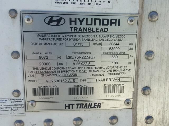 3H3V532C2GT003238 - 2016 HYUNDAI TRAILER WHITE photo 10