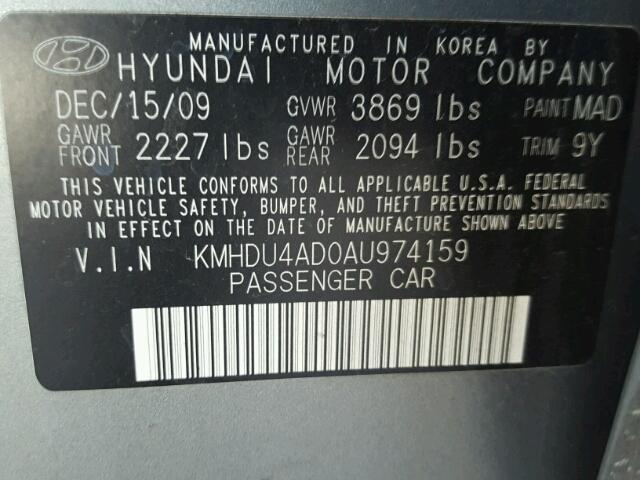 KMHDU4AD0AU974159 - 2010 HYUNDAI ELANTRA BL GRAY photo 10