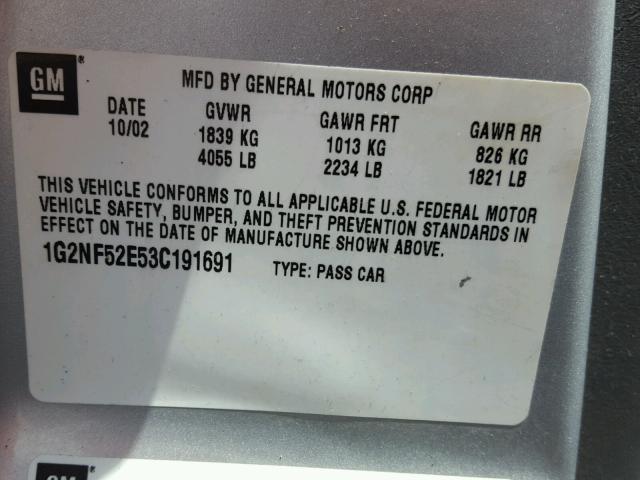 1G2NF52E53C191691 - 2003 PONTIAC GRAND AM S SILVER photo 10