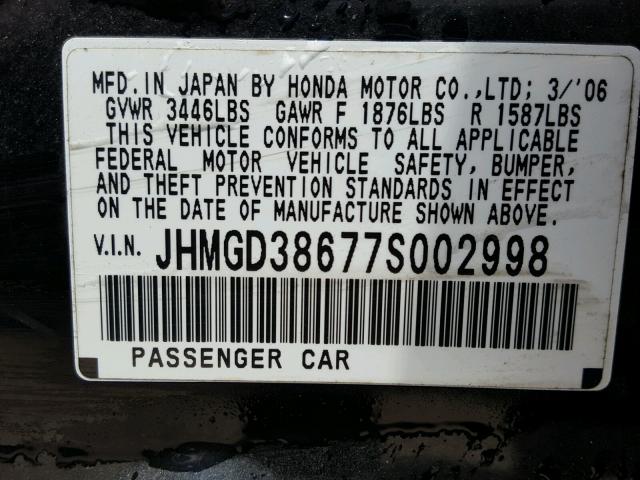 JHMGD38677S002998 - 2007 HONDA FIT S BLACK photo 10