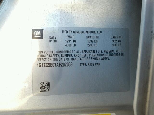 1G1ZC5E07AF202068 - 2010 CHEVROLET MALIBU 1LT ვერცხლისფერი ფოტო 10
