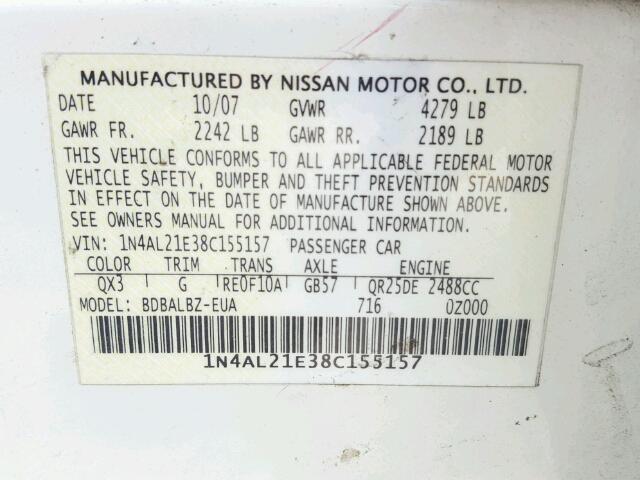 1N4AL21E38C155157 - 2008 NISSAN ALTIMA 2.5 WHITE photo 10