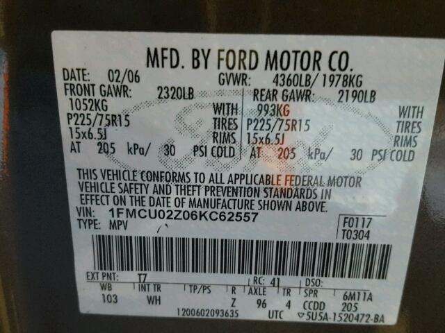 1FMCU02Z06KC62557 - 2006 FORD ESCAPE XLS GRAY photo 10