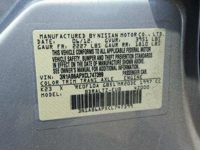 3N1AB6APXCL747399 - 2012 NISSAN SENTRA 2.0 SILVER photo 10