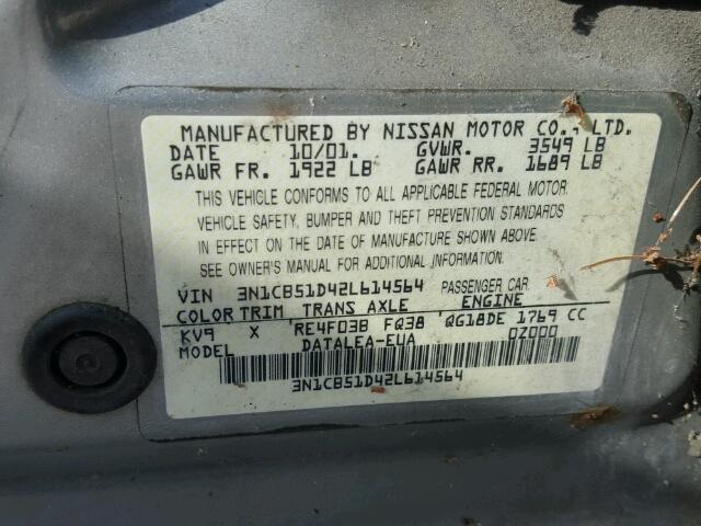 3N1CB51D42L614564 - 2002 NISSAN SENTRA XE BEIGE photo 10